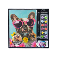 Diamantiny Artist Level Up painting kit featuring a dog in pink sunglasses surrounded by colorful flowers and grass.