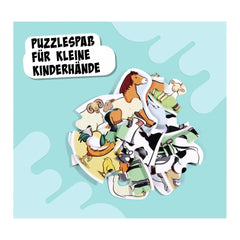 Noris - 6 first Puzzles - Farm Animals features a colorful illustration of cartoon animals and puzzle pieces for children.