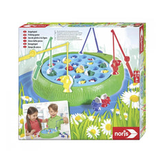 Noris Fishing Game box featuring children playing, vibrant colors, and game details in French and English.