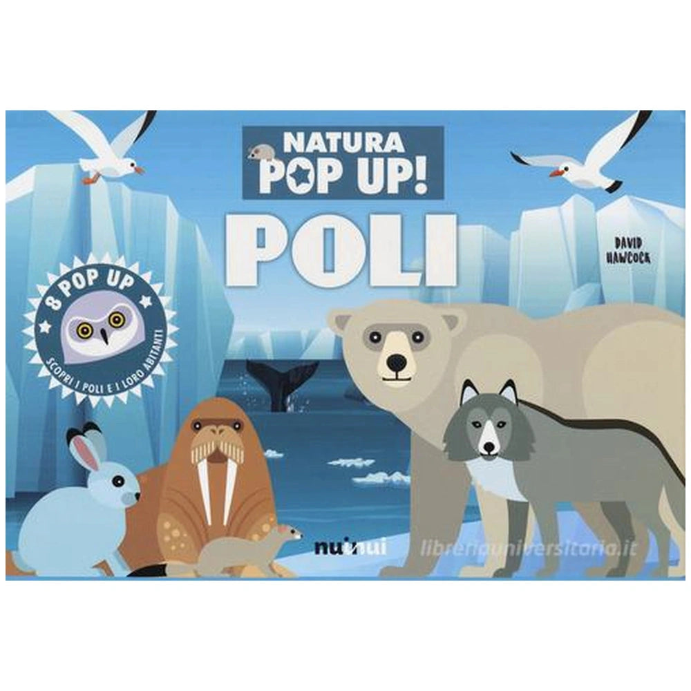 NuiNui Natura Pop Up Poli Book packaging features colorful illustrations of a polar bear, seal, and rabbit on a light blue ba