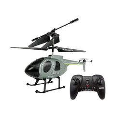 Radiofly RC Helicopter Boston in black and gray matte plastic with two rotors, accompanied by a black glossy remote control.