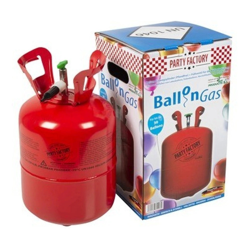 Party Factory Helium Tank in red plastic container with white and blue box, designed for inflating 30 balloons.