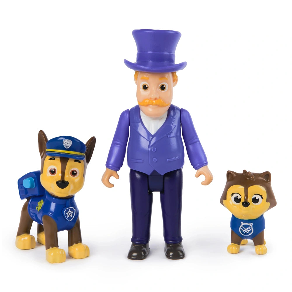 Paw Patrol Action Pups with Heroes Pack features a matte-finished dog figure and a shiny plastic man in a blue suit and purpl