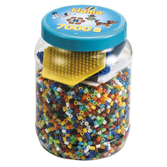 Pet Hama Iron-on Bead Set in Pot with 7000 multicolored plastic beads, featuring a blue lid with yellow and white design.