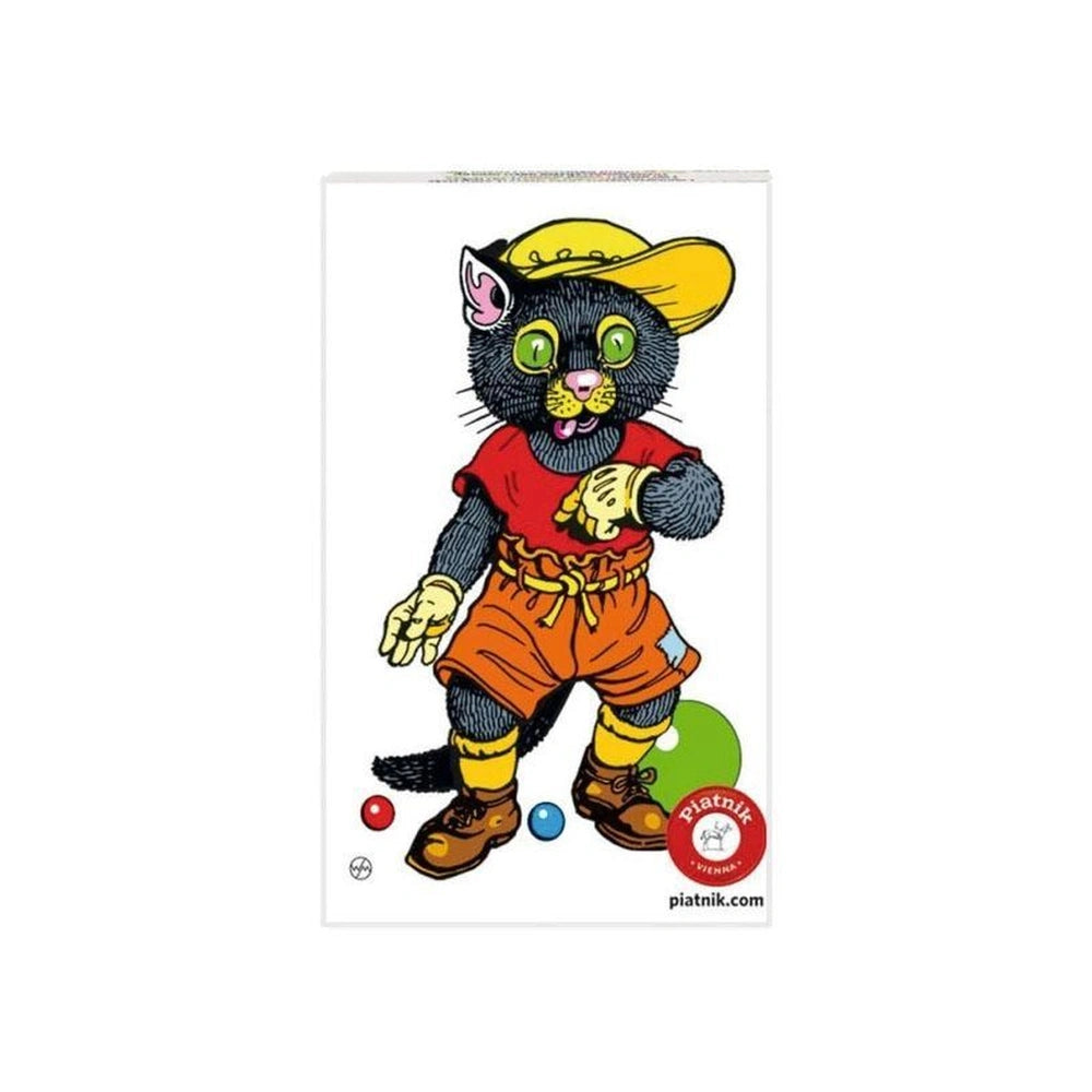 PIATNIK Schwarzer Peter card game features a cartoon cat in a yellow hat, red shirt, orange shorts, with red, blue, and green