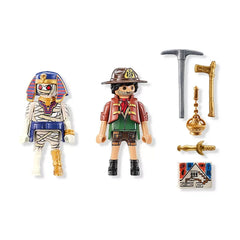 PLAYMOBIL DuoPack features plastic treasure hunter and mummy toy figures in a centered front view display.