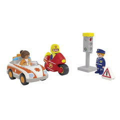 Playmobil Everyday Heroes playset featuring an orange and white toy car, red and yellow police car, police officer, traffic l