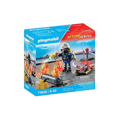 PLAYMOBIL Firefighter playset features a toy figure, fire truck, hose, hydrant, and accessories on a blue and red cardboard b