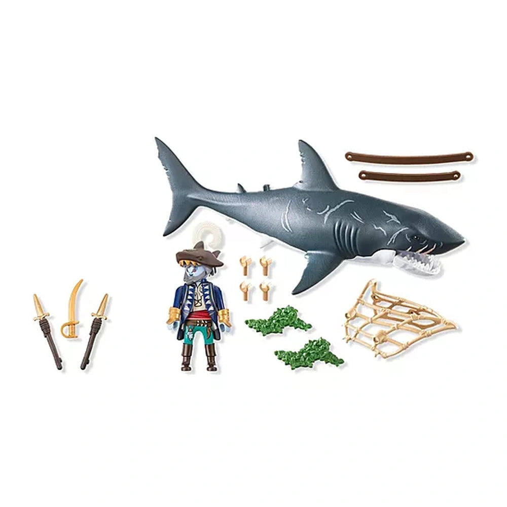 Playmobil Giant Shark with Pirate features a shiny metallic shark and a matte pirate figure in blue coat and green pants.