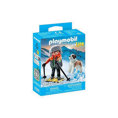 PLAYMOBIL My Life Hiker set featuring a child with skis and a Saint Bernard, displayed in blue matte cardboard packaging.
