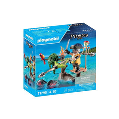 Playmobil Pirate-with-Ballista toy playset features a pirate figure with sword on a wooden platform, set against blue packagi