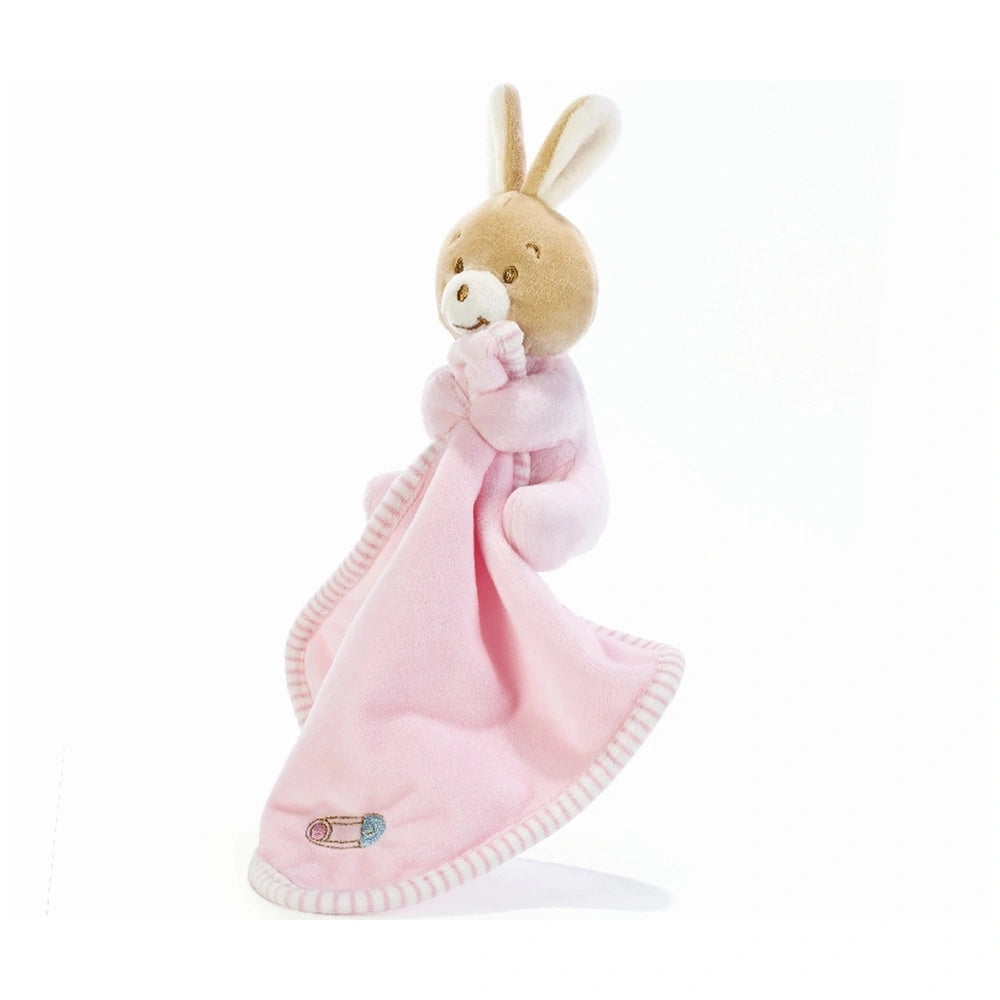 Brown bunny plush on a pink blanket, serving as a comforting 30 cm baby plush toy by Plush & Co.