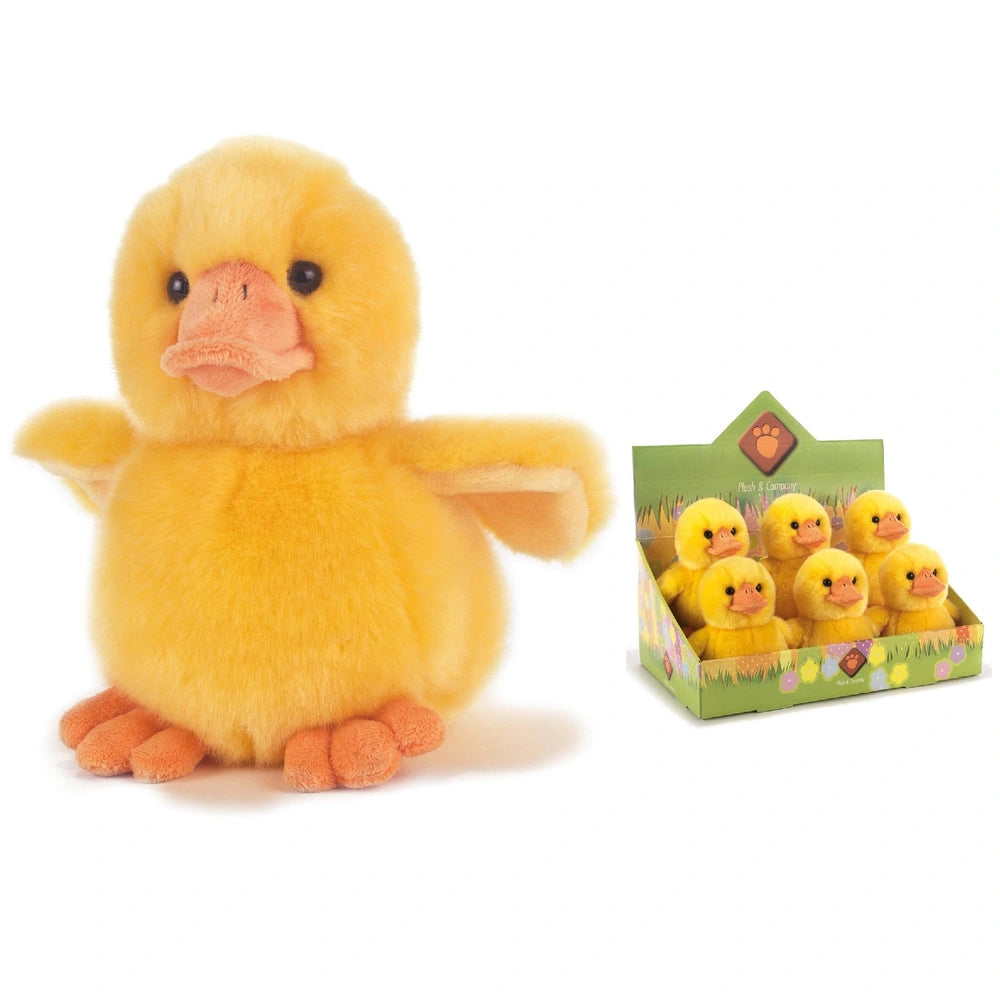 Quack the Little Duck Plush, 18 cm, yellow soft material with webbed feet, in a green floral box with a clear window.