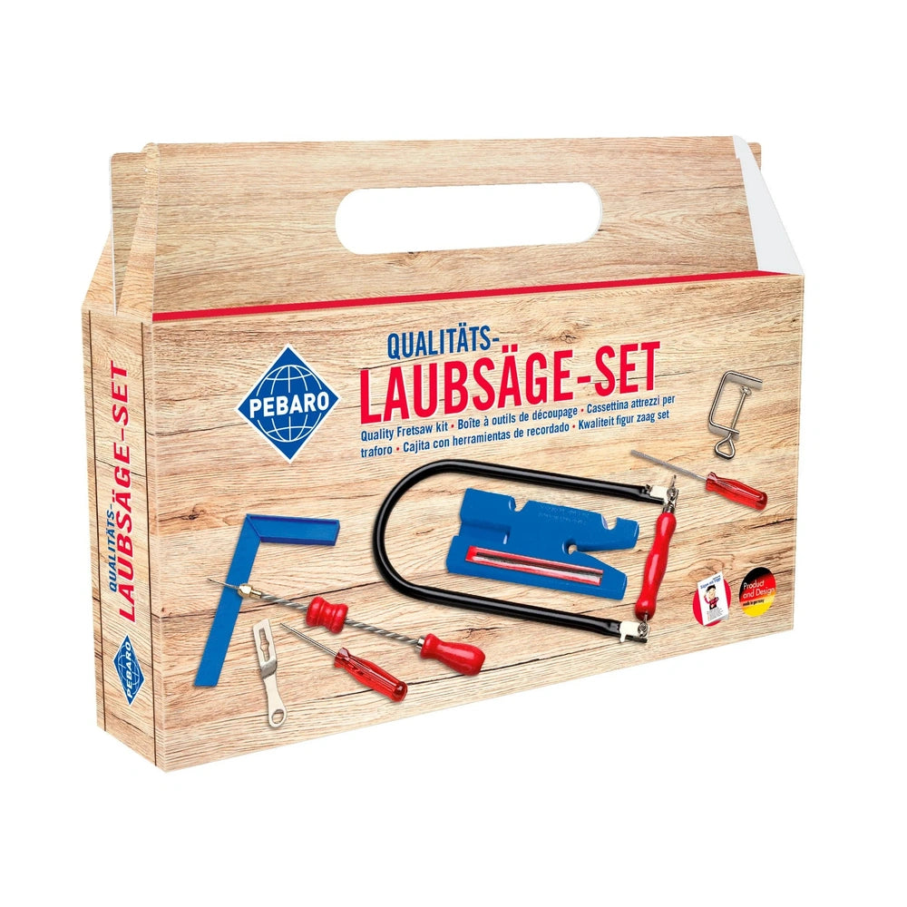 Prebaro Fretsaw Kit with 15 pieces in a cardboard box, featuring tools with red and blue accents and a carry handle.