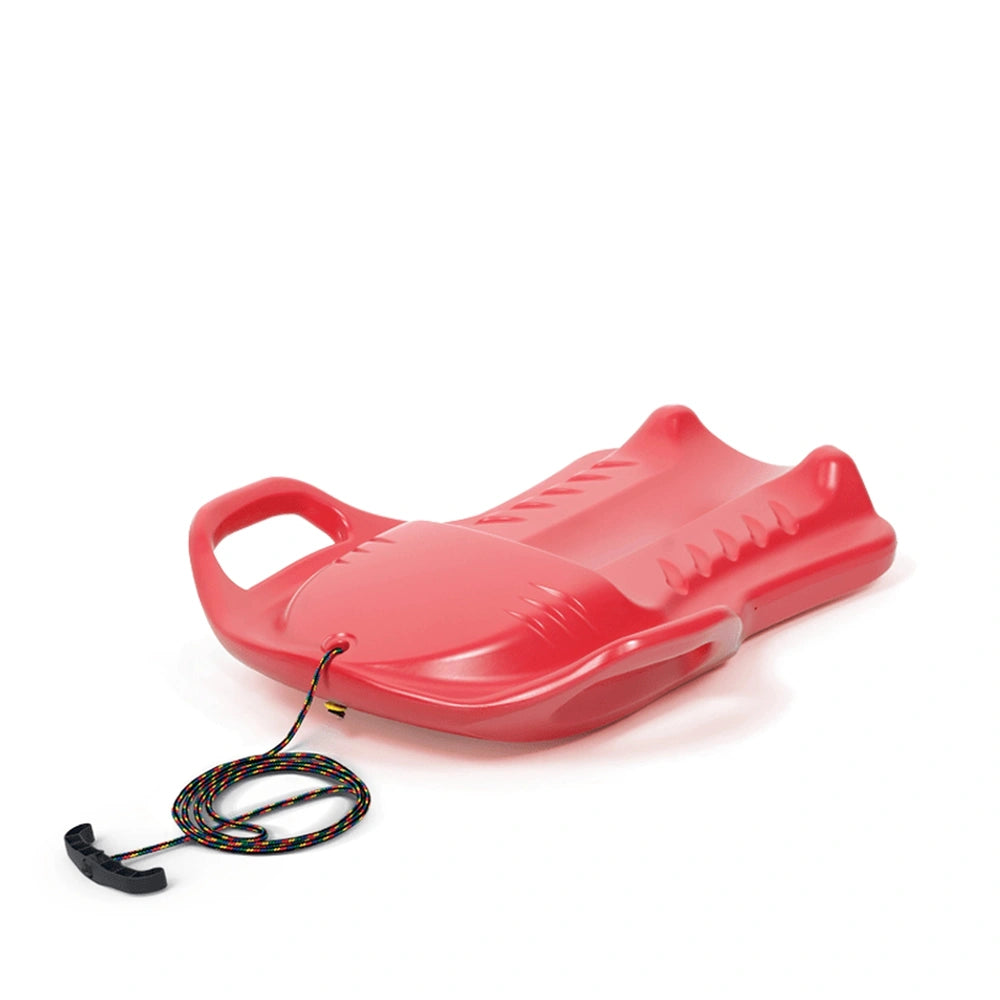 Sporty Slider Red, made of smooth glossy plastic, features a handle and cord for outdoor play equipment.