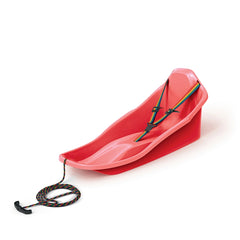 Red PROSPERPLAST Topo sledge with a black rope, made of smooth, glossy plastic for outdoor play.