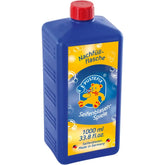 PUSTEFIX Professional Soap Bubble Liquid Refill in a blue plastic bottle with a red cap and yellow label featuring a teddy be