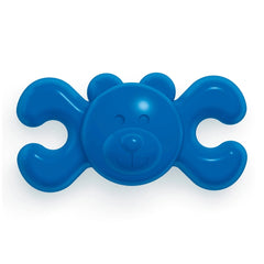 Quercetti Orsetti baby activity toy, bear-shaped, made of blue plastic, centered in the image.