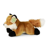 Plush fox stuffed animal in brown and white, featuring a round head, pointed ears, and eco-friendly branding.