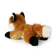 Eco-friendly plush fox toy in a relaxed curled position on a light background, featuring orange and brown fur with white acce