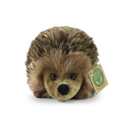 Eco-friendly plush hedgehog stuffed animal with textured brown and black fur, small ears, and a tag indicating organic materi
