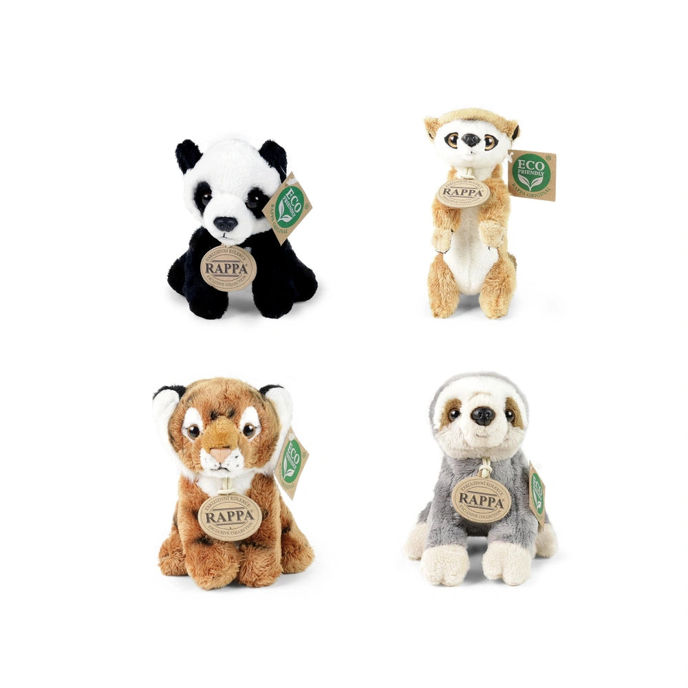 Rappa plush animals assortment includes four eco-friendly stuffed animals in various colors with tags featuring a green leaf