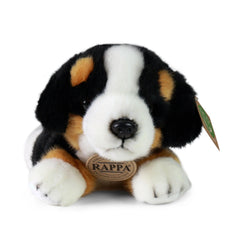 Rappa plush Bernese mountain dog, 20 cm, features textured fabric body, smooth face, and colorful markings with a tag attache