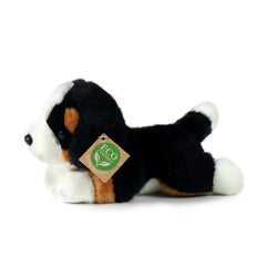 Rappa plush Bernese mountain dog, 20 cm, features black body, white face and paws, with an eco-friendly tag.