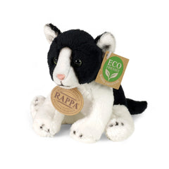 Black and white plush cat with a tag reading "ECO FRIENDLY" and a green leaf symbol, sitting on a plain background.