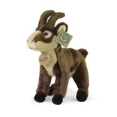 Rappa plush chamois stuffed animal, brown goat with lighter belly, black paws, and eco-friendly tag in brown, green, and whit