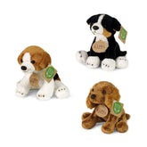Rappa plush dogs assortment features three 14cm soft fabric stuffed animals in brown, white, and black with eco-friendly tags