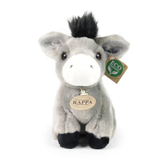 Rappa plush donkey 18 cm, gray with white muzzle, made of soft material, featuring an eco-friendly tag with green text.