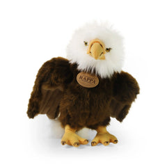 Plush eagle stuffed animal, 24 cm, featuring a white head, brown body, yellowish beak and feet, with a paper tag attached.