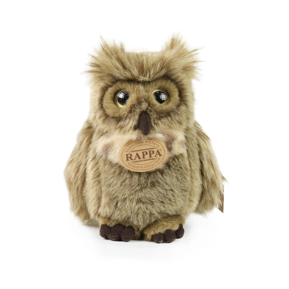 Rappa plush eagle-owl, 17 cm, made of brown and beige textured fabric with reflective eyes and a tag reading "EXCLUSIVE COLLE