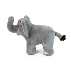 Gray plush elephant stuffed animal with visible eyes, tusks, feet, and a tail with a black tuft, centered in front view.