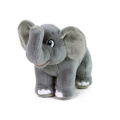 Gray plush elephant stuffed animal with large ears, small eyes, trunk, and tusks, measuring 24 cm in height.