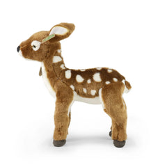 Plush fawn stuffed toy with a brown body, white spots, and a soft texture, standing upright against a white background.