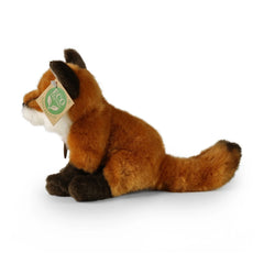 Plush fox stuffed animal, 18 cm, with brown body, lighter tail, and eco-friendly tag featuring green background and "eco frie