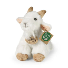 Plush goat stuffed animal, 16 cm, with white coat, brown accents, and eco-friendly materials, featuring a tag with logo.