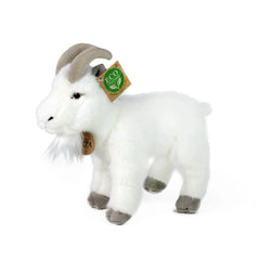 Plush goat stuffed animal, 20 cm, white with multiple brown tags featuring "eco," "organic," and "rappa" branding.
