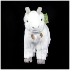 Plush goat toy, 20 cm, made of soft white fabric with a tag on its ear and a golden-brown tag around its neck.