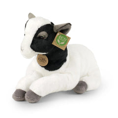 Rappa plush goat 30 cm with white and black fur, featuring an eco-friendly tag with a green leaf symbol.