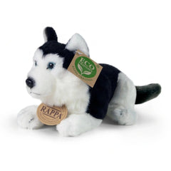 Plush husky dog stuffed animal with black and white fur, blue eyes, and a green and white eco-friendly tag.