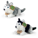 Plush husky stuffed animal with black and white fur, blue eyes, and an eco-friendly tag featuring a green leaf logo.