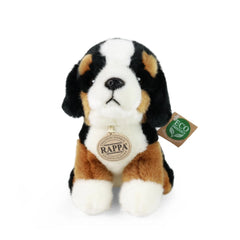 Rappa plush mountain dog stuffed animal, 18 cm, in white and brown, with a green and white tag featuring a circular label.