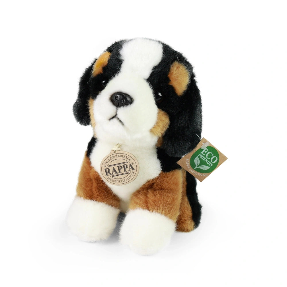 Rappa plush mountain dog, 18 cm, features soft brown and tan fur, black and white face, and eco-friendly materials.