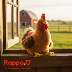 Plush rooster toy in yellow on wooden window sill with red barn in background, showcasing eco-friendly design by Rappa.