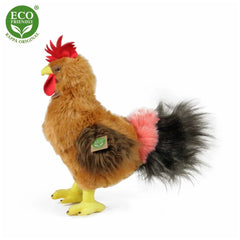 Rappa plush rooster, 33 cm, features a brown and red body, yellow beak and feet, with an ECO tag and green leaf symbol.