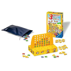 Ravensburger 3 Gewinnt! board game features a yellow toy with colorful game pieces and a blue bag, set against a light backgr