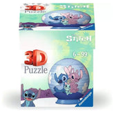 3D puzzle packaging featuring vibrant Disney Stitch characters, designed for ages 6-99, with a transparent box showcasing pie